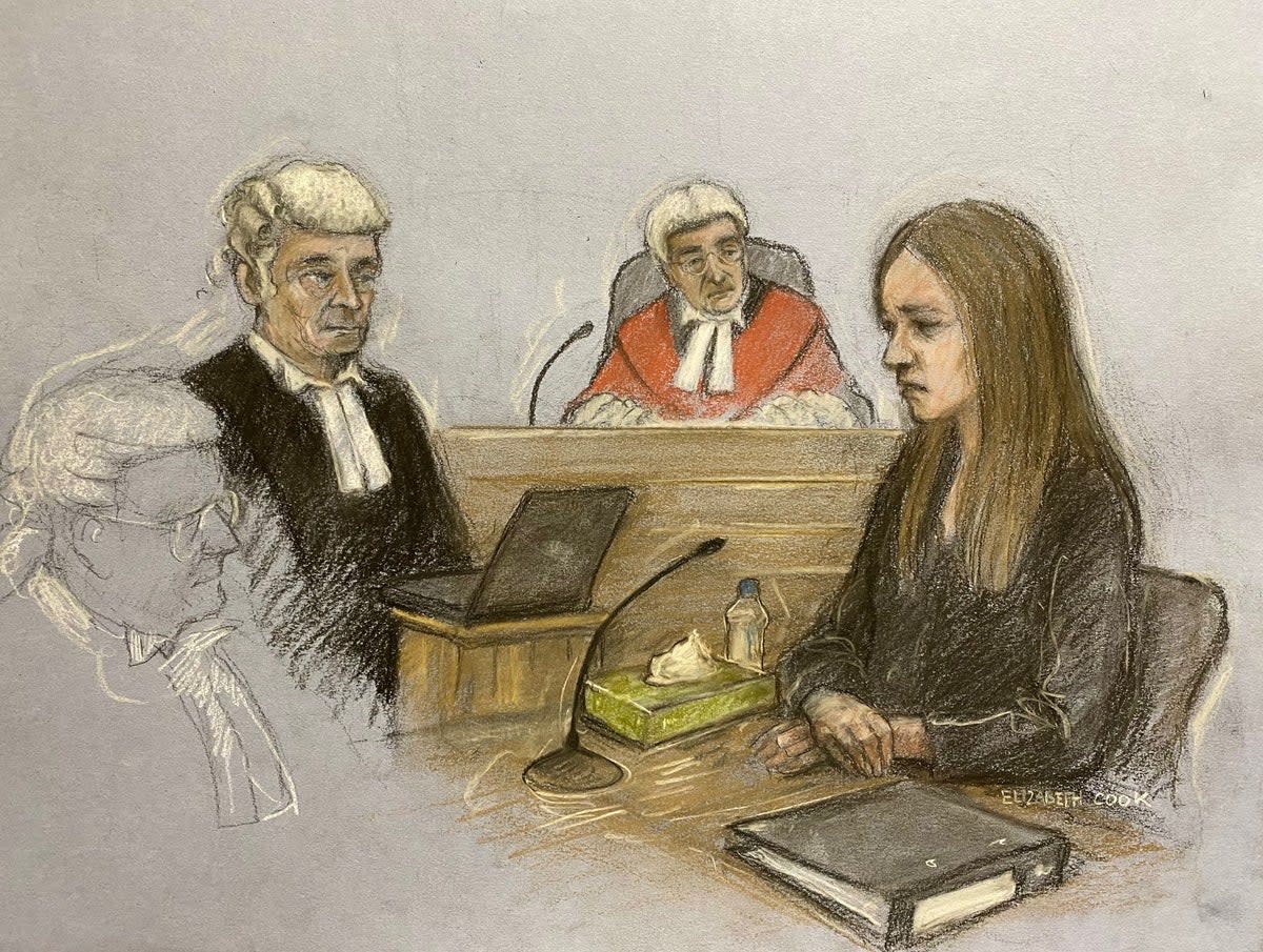 Court sketch showing Lucy Letby being questioned at Manchester Crown Court (PA)