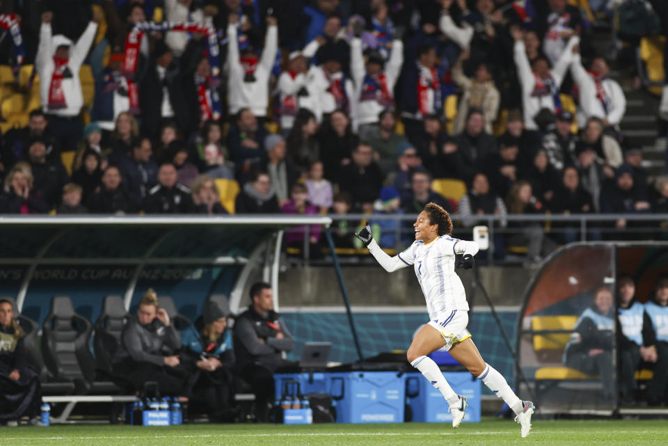 Philippines' Sarina Bolden celebrates after scoring a goal during the Women's World Cup Group A soccer match between New Zealand and the Philippines in Wellington, New Zealand, Tuesday, July 25, 2023. (AP Photo/Alysa Rubin)
