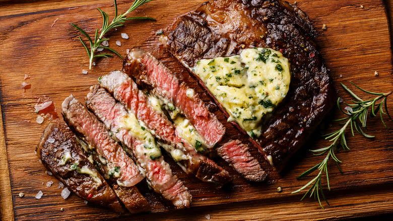 sliced umami steak with compound butter