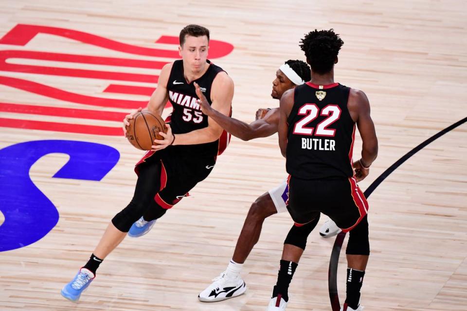Duncan Robinson #55 of the Miami Heat drives the ball during the fourth quarter in Game 6 of the 2020 NBA Finals at AdventHealth Arena at the ESPN Wide World Of Sports Complex on Oct. 11, 2020 in Lake Buena Vista.