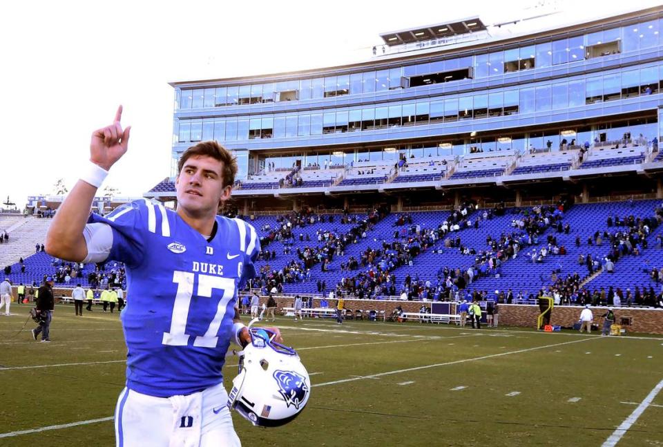 Duke quarterback Daniel Jones acknowledges the fans in 2018 after a game in which he accounted for 547 total yards in a 42-35 win over UNC. Jones was the No. 6 overall draft pick of the New York Giants in 2019.