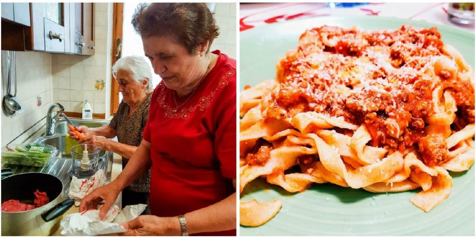 Franca (in red) and Elide prepare the ingredients for their rag&ugrave;. (Photo: Elizabeth Heath)