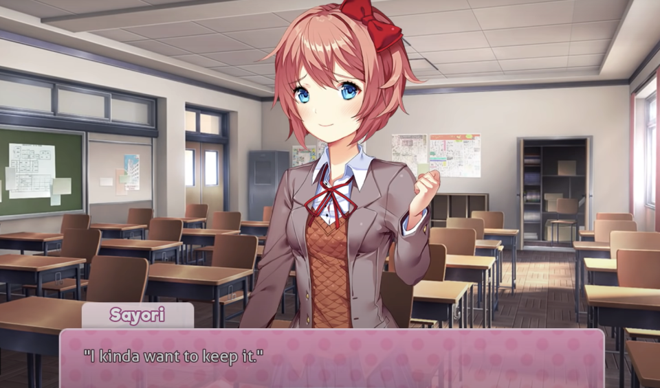 A screenshot from Doki Doki Literature Club with Sayori, an anime-style girl with pink hair and dressed in a school uniform, saying "i kinda want to keep it"