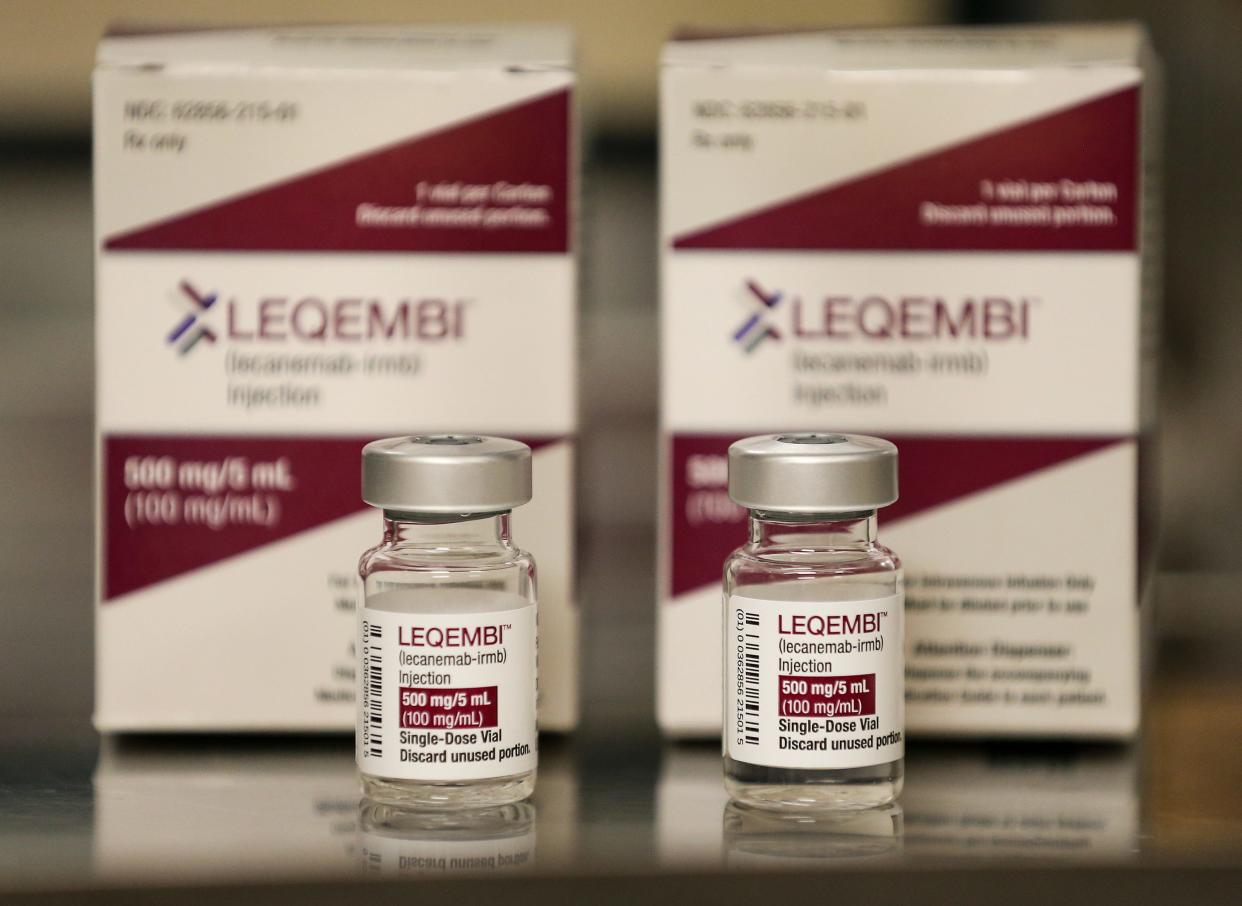 Vials of Leqembi, a new form of treatment for early-onset Alzheimer’s. 

This is the FIRST FDA-approved Alzheimer's drug. Lecanemab slows the progress of Alzheimer’s disease by dissolving plaques that can build up between brain cells, or neurons, and are widely thought to cause Alzheimer’s symptoms. More technically, it is a monoclonal antibody targeting beta-amyloid. Friday, September 8, 2023