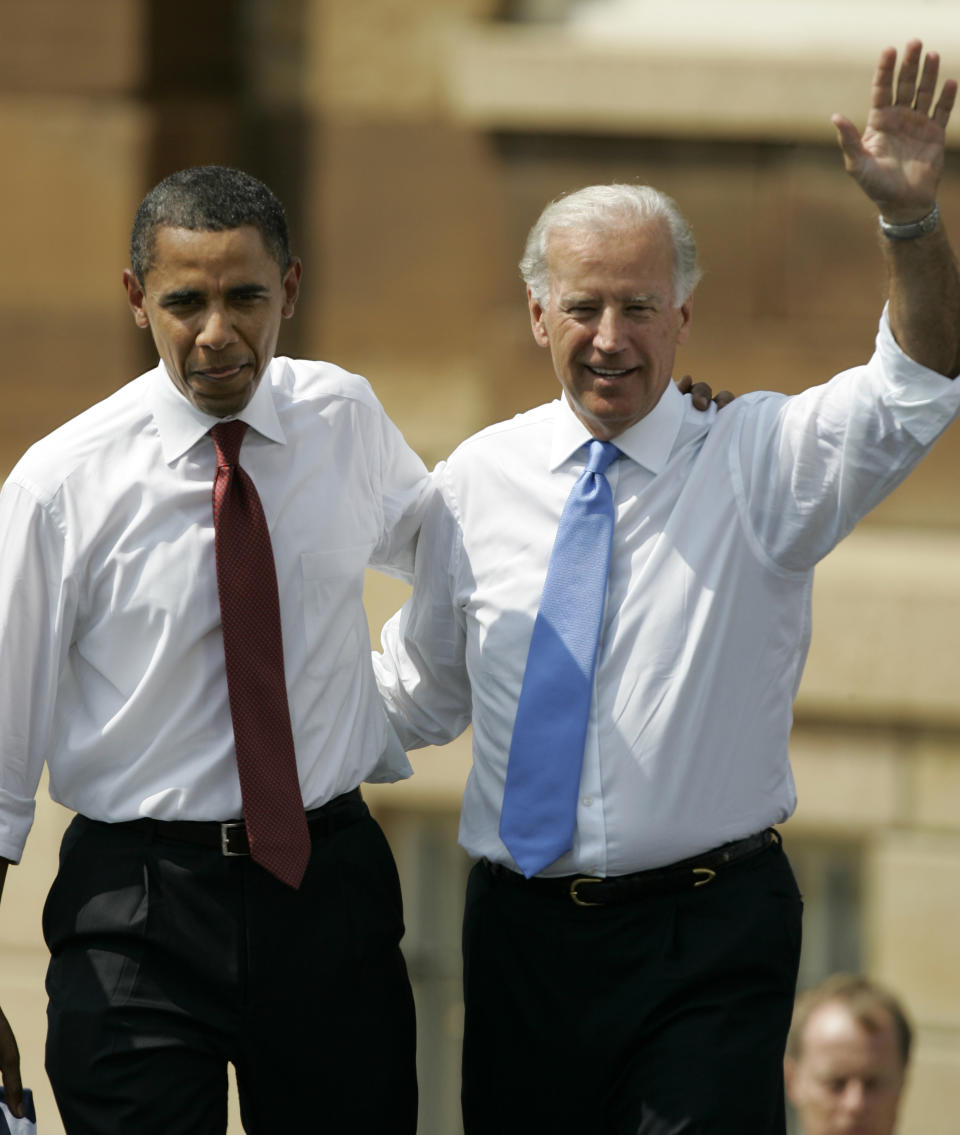 FILE - Democratic presidential candidate Sen. Barack Obama, D-Ill., left, and Sen. Joe Biden, D-Del., appear together outside the Old State Capitol on Aug. 23, 2008, in Springfield, Ill. Obama has chosen Biden to be his running mate. A new CNN Films documentary explores the role of the U.S. vice presidency, which in modern times has emerged into a more powerful position. Still, the film notes that a veep’s duties are all up to the president. (AP Photo/Jeff Roberson, File)