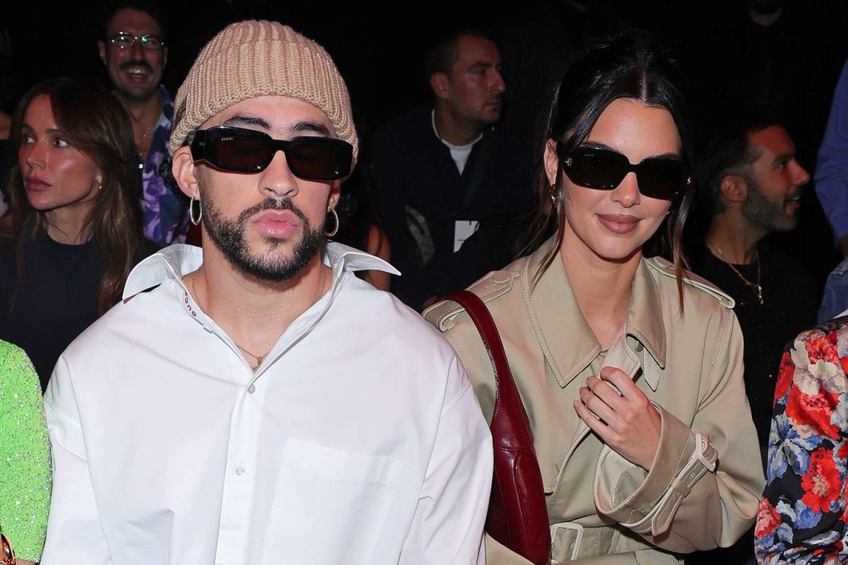 Bad Bunny and Kendall Jenner coordinate shoes at Lakers game