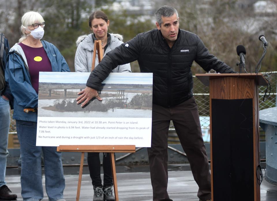 Cape Fear Riverkeeper Kemp Burdette speaks during a press conference at Battleship Park in Wilmington, N.C., Wednesday, Jan. 5, 2022. The event was organized to voice opposition to the text amendment for the proposed Villages at Battleship Point development on the west bank of the Cape Fear River.