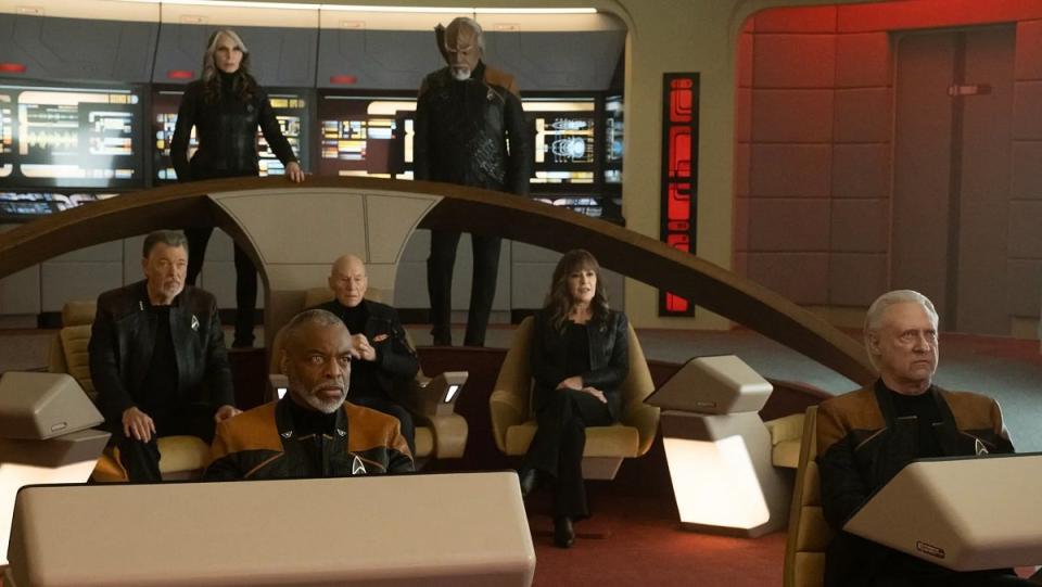 The cast of Star Trek: The Next Generation on the bridge of the Enterprise-D, in the finale of Star Trek: Picard.