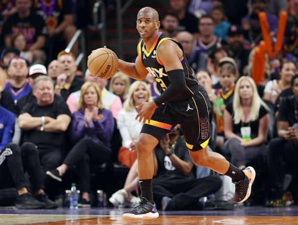 PHOTO: Chris Paul #3 of the Phoenix Suns handles the ball during the second half of Game Two of the Western Conference First Round Playoffs at Footprint Center, April 18, 2023 in Phoenix. (Christian Petersen/Getty Images)