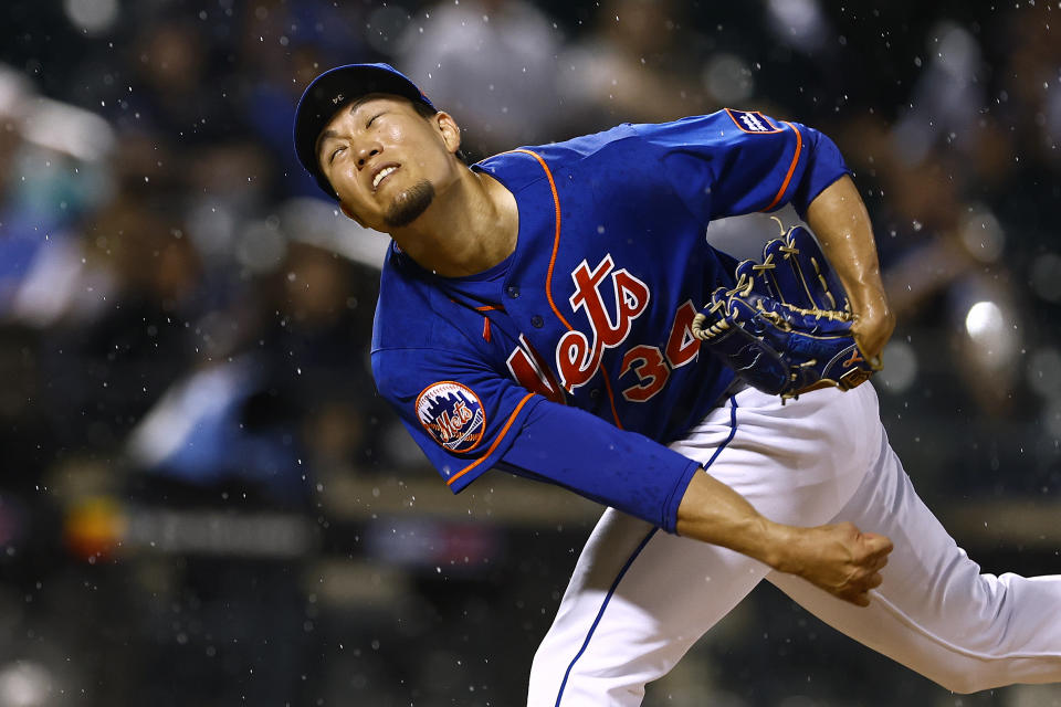 New York Mets starting pitcher Kodai Senga delivers against the Chicago Cubs during the sixth inning of a baseball game, Monday, Aug. 7, 2023, in New York. (AP Photo/Rich Schultz)