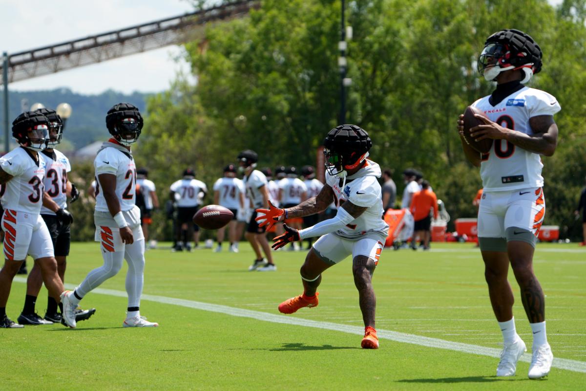 Cincinnati Bengals running back Trayveon Williams (32) kneels before a  preseason NFL football game against the Los Angeles Rams, Saturday, Aug.  27, 2022, in Cincinnati. (AP Photo/Emilee Chinn Stock Photo - Alamy