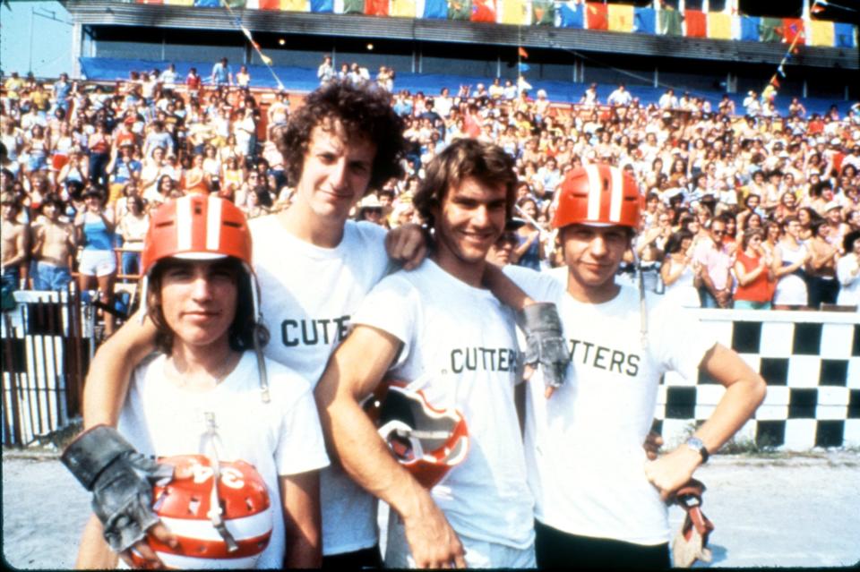 Jackie Earle Haley, Daniel Stern, Dennis Quaid and Dennis Christopher while filming the 1979 feature "Breaking Away."