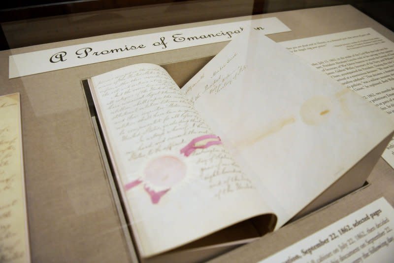 The National Archives displays the preliminary Emancipation Proclamation on January 14, 2010. On January 1, 1863, the Emancipation Proclamation, introduced the previous September by Abraham Lincoln, took effect. It declared freedom for slaves in all areas of the Confederacy that were still in rebellion against the Union. File Photo by Roger L. Wollenberg/UPI