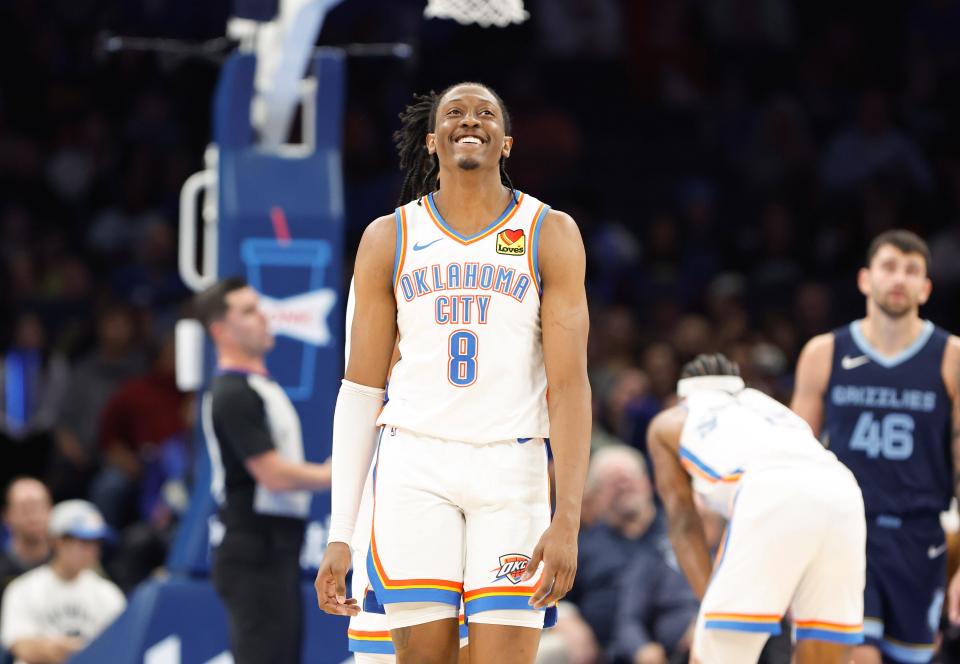 Thunder forward Jalen Williams (8) smiles during the second half of a 116-97 win against the Grizzlies on Monday.