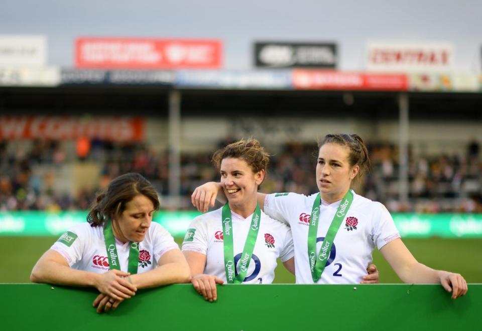 Katy Daley-Mclean (left) and Emily Scarratt (right) were two of the three players Hunter (centre) told about her retirement before the public announcement (Getty Images)