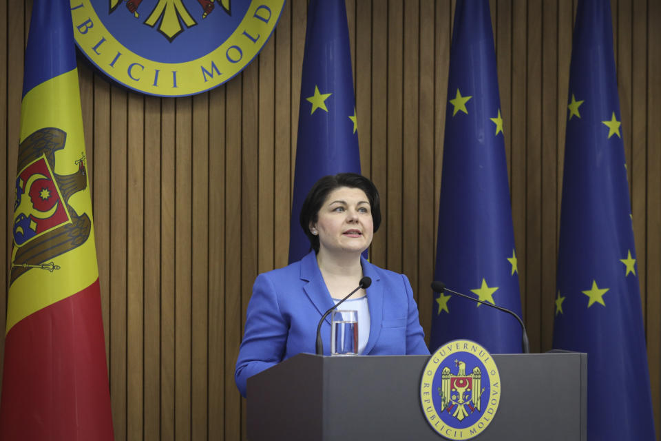 Moldovan Prime Minister Natalia Gavrilita announces her resignation during a news conference in Chisinau, Moldova, Friday, Feb 10, 2023. Moldova's government collapsed Friday as pro-Western Prime Minister Natalia Gavrilita resigned, adding to a series of crises that have gripped the small nation since Russia invaded its neighbor, Ukraine. (AP Photo/Aurel Obreja)