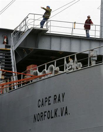 Crew members are seen aboard the MV Cape Ray before its deployment from the NASSC0-Earl Shipyard in Portsmouth, Virginia, January 2, 2014. REUTERS/Larry Downing