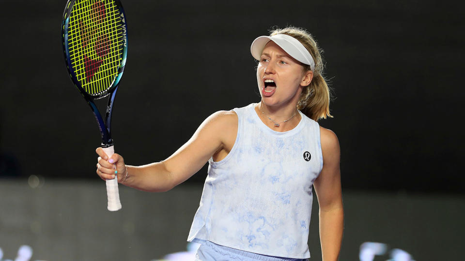 Seen here, Daria Saville celebrates her gruelling win over Emma Raducanu in Mexico.