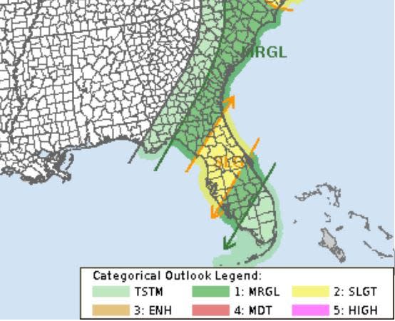 There is a marginal to slight chance for severe weather in Central Florida on Wednesday, April 3, 2024 as a cool front drops through the state. South Florida could see some scattered thunderstorms.