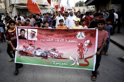 Bahraini Shiite Muslims protest the killing of protester Salah Abbas Habib, 36, in Bilad al-Qadeema, a suburb of the capital Manama. Bahrain's controversial Grand Prix race went off without incident on Sunday after a week of angry protests away from the F1 desert circuit that put the non-sporting focus on reform demands in the Gulf state