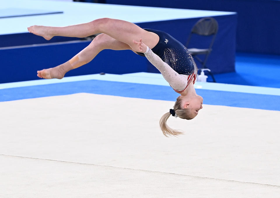 <p>TOKYO, JAPAN - AUGUST 02: Jade Carey of the USA competes at the Women's Floor Exercise Final at the Gymnastics on day ten of the Tokyo 2020 Olympic Games at Ariake Gymnastics Centre on August 02, 2021 in Tokyo, Japan. (Photo by Bradley Kanaris/Getty Images)</p> 