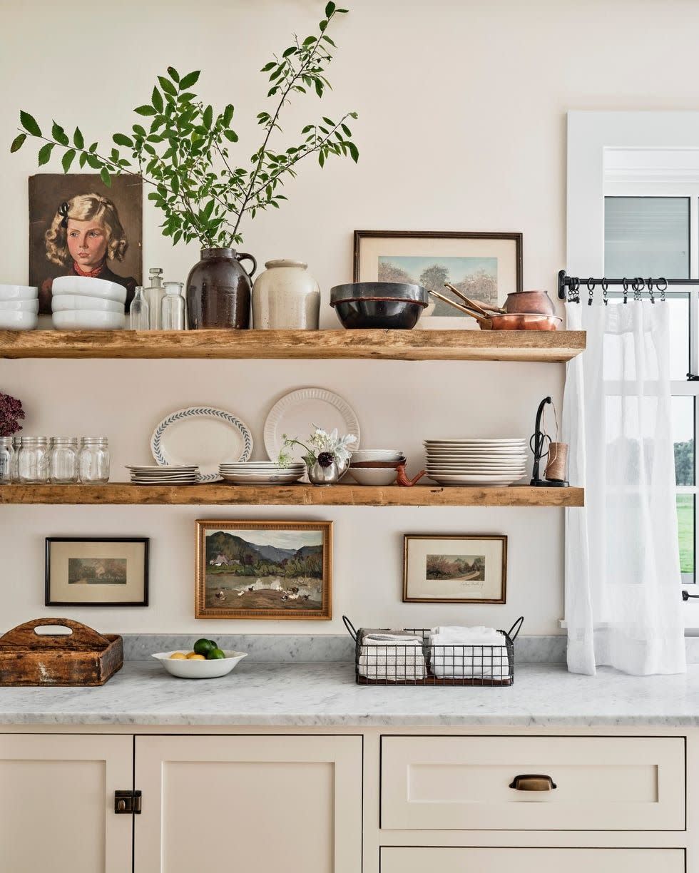 white farmhouse kitchen with wood open shelves