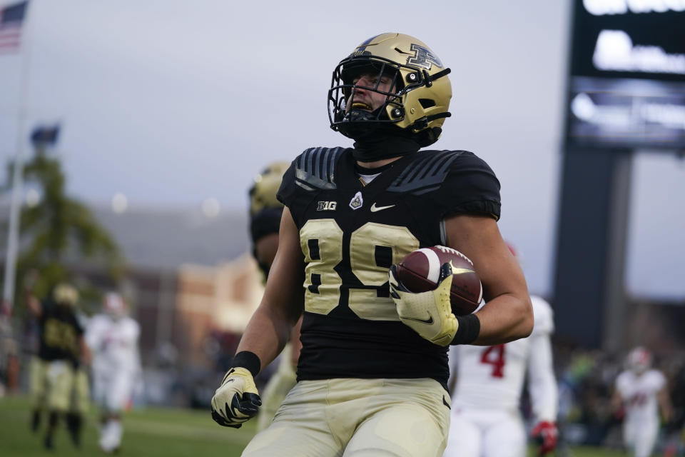 Purdue tight end Paul Piferi (89) reacts after a touchdown reception during the first half of an NCAA college football game against Indiana, Saturday, Nov. 27, 2021, in West Lafayette, Ind.(AP Photo/Darron Cummings)