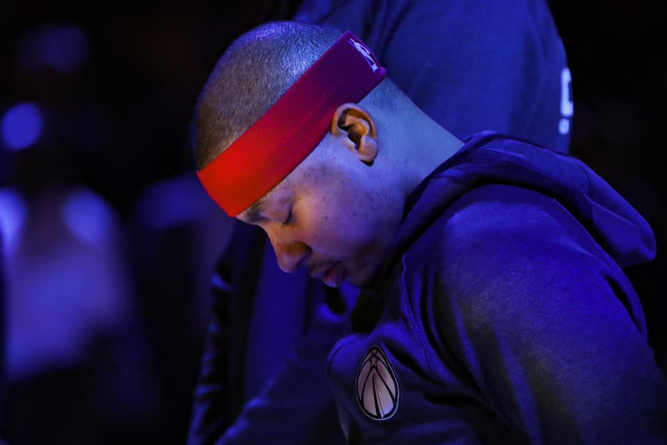 FILE - Washington Wizards guard Isaiah Thomas (4) stands during the National Anthem prior to an NBA basketball game against the Atlanta Hawks in Atlanta, in this Sunday, Jan. 26, 2020, file photo. Two-time NBA All-Star Isaiah Thomas hopes playing this weekend with USA Basketball in FIBA AmeriCup qualifying in Puerto Rico gives an NBA club reason to sign him. (AP Photo/Todd Kirkland, File)