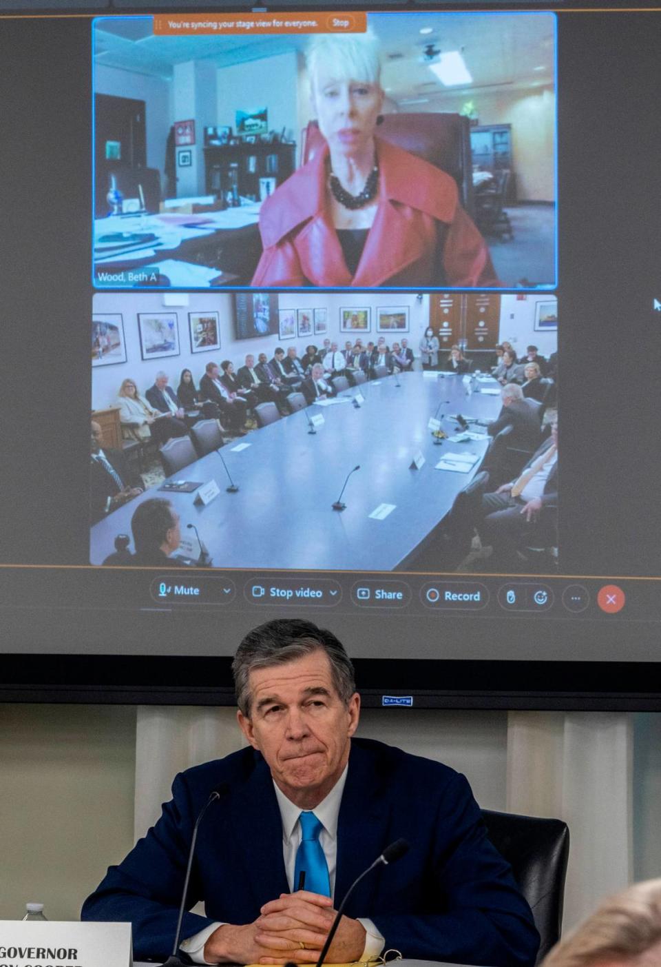 State Auditor Beth Wood speaks by video call while addressing the monthly Council of State meeting Tuesday, Feb. 7, 2022 at the NCDOT building in Raleigh. Travis Long/tlong@newsobserver.com