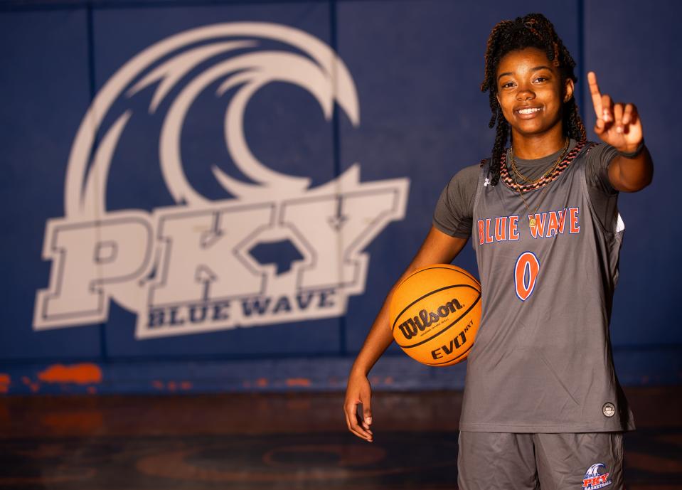 PK Yonge’s Ashlyn Young is the Gainesville Sun’s Big School Girls Basetball Player of the Year. Young, 16 is a sophomore and plays guard. She posed for portraits Friday afternoon, April 5, 2024 at PK Yonge in Gainesville, Fla. [Doug Engle/Ocala Star Banner]2024