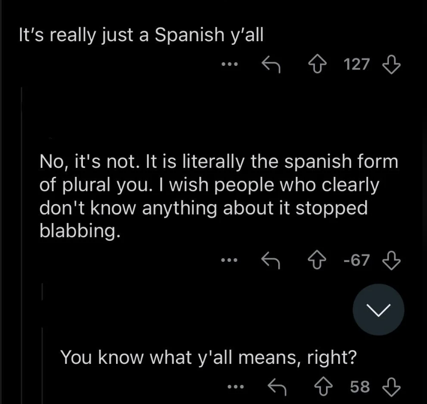 Screenshot of a social media comment thread discussing the Spanish form of 'you all,' with mixed reactions from users