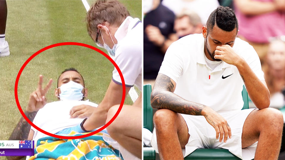 Nick Kyrgios (pictured left) receiving treatment for an injury and (pictured right) looking devastated on his char.