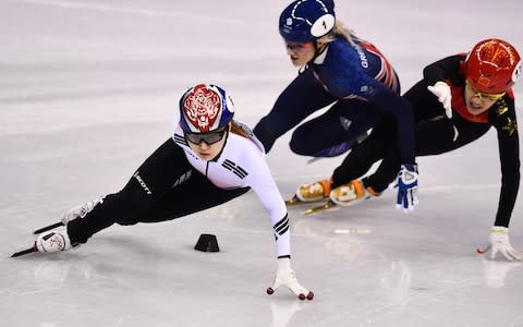 L-R Choi Minjeong, Elise Christie and Jinyu Li - Credit: Getty Images