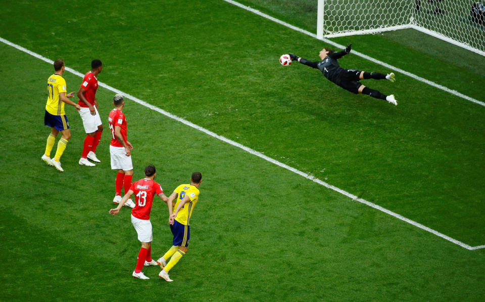 <p>Switzerland’s Yann Sommer makes a save from Sweden’s Marcus Berg REUTERS/Jason Cairnduff </p>