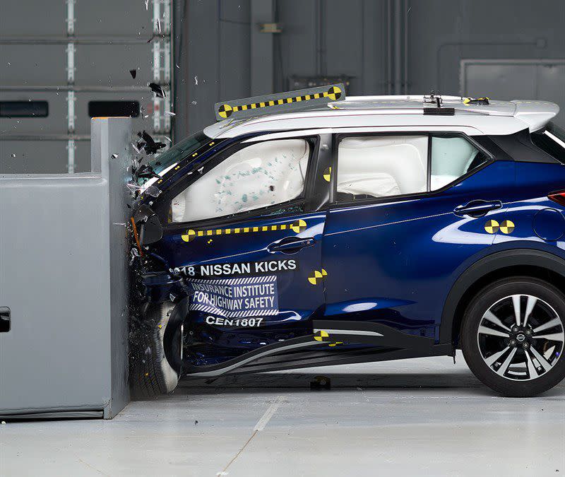 <p>The Kicks earns a Top Safety Pick honor from the Insurance Institute for Highway Safety (IIHS) for 2019, meaning it performs admirably in all of the agency's rigorous crash and safety tests. IIHS scores the Nissan "Good" in every category but the passenger's side small overlap front crash test and the headlight test, where it scores it "Acceptable." The Kicks even earns a "Superior" score for front crash prevention thanks to the standard automated emergency braking.</p>