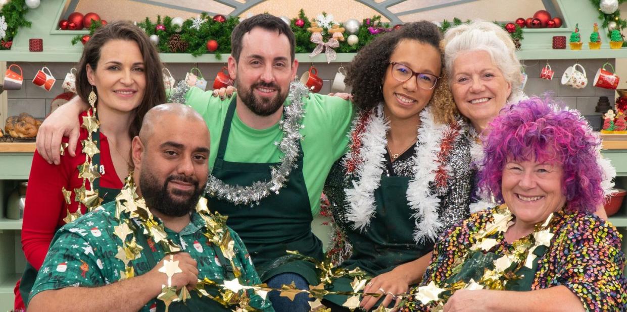 george, sophie, dan, amelia, linda, carole, the great british bake off christmas special 2023