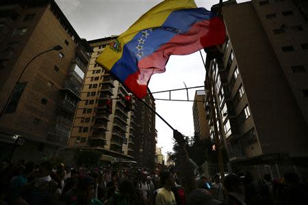 An opposition supporter waves a national flag during a protest against President Nicolas Maduro's government in Caracas February 17, 2014. REUTERS/Jorge Silva