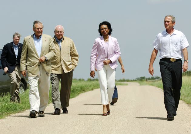 President George W. Bush, right, and his foreign policy team of national security adviser Steve Hadley, Defense Secretary Donald Rumsfeld, Vice President Dick Cheney and Secretary of State Condoleezza Rice failed to respond to warnings about terrorist attacks months before Sept. 11, 2001. (Photo: MANDEL NGAN via Getty Images)