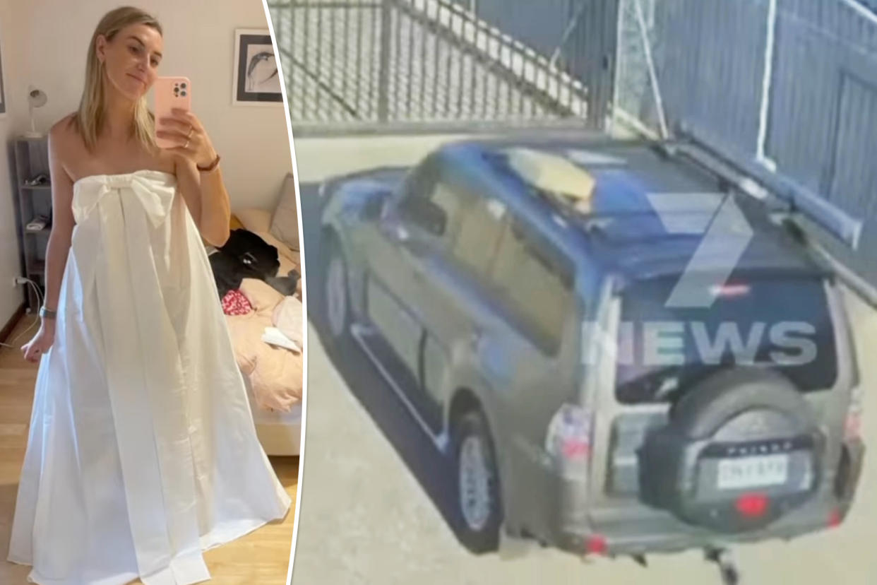 (Left) Lindel Cain, a physiotherapy staffer from Adelaide, South Australia. (Right) Cain's wedding dress atop fiancé Tom Mitton's car.