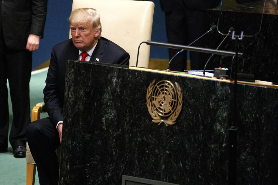 President Donald Trump sits down after delivering a speech to the United Nations General Assembly, Tuesday, Sept. 25, 2018, at U.N. Headquarters. (AP Photo/Evan Vucci)