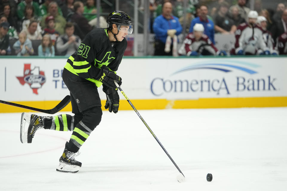 Dallas Stars' Jason Robertson skates against the Colorado Avalanche during the second period of an NHL hockey game, Saturday, Nov. 18, 2023, in Dallas. (AP Photo/Julio Cortez)