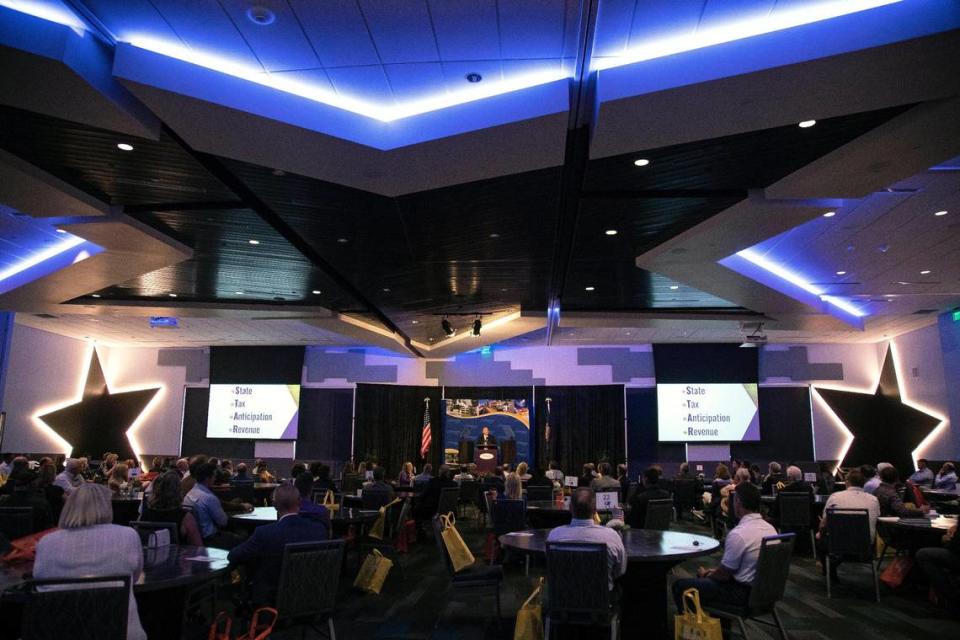 A limited crowd gathered to watch Meridian Mayor Mike Simison give his State of the City Address on Wednesday. It was held at the Galaxy Event Center at Wahooz.