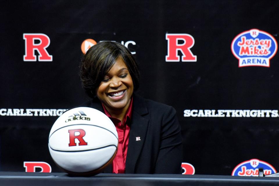 Coquese Washington is announced as the new Rutgers women's basketball coach during a press conference at Jersey Mike's Arena in Piscataway on May 24, 2022.