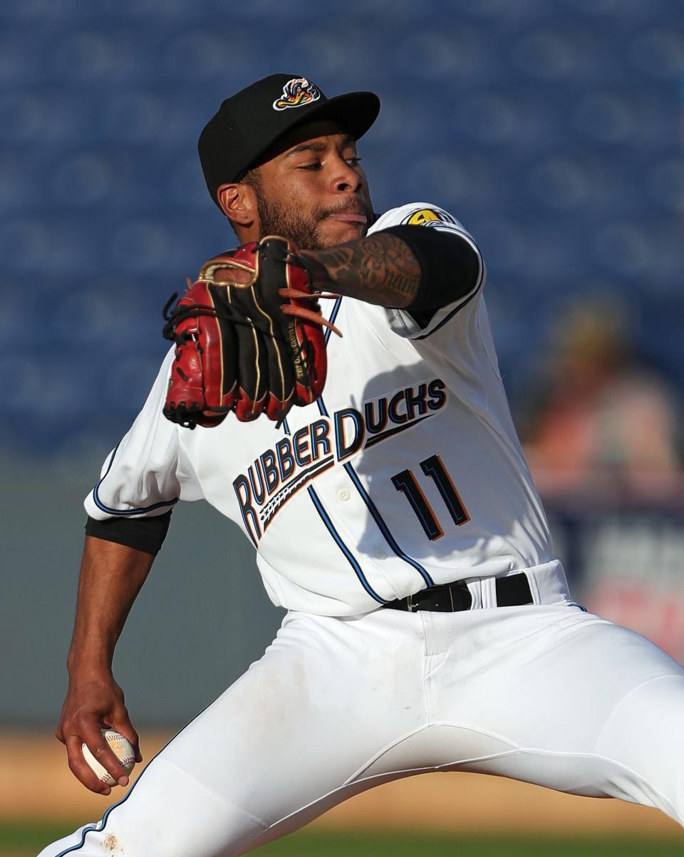 Xzavion Curry, here pitching for the Akron RubberDucks, is the No. 20 prospect in the Guardians organization.