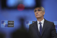 NATO Secretary-General Jens Stoltenberg looks on during a press conference at the NATO headquarters, Friday, Nov. 25, 2022 in Brussels, ahead of the Meeting of NATO Ministers of Foreign Affairs taking place on Nov. 29 and 30 in Bucharest, Romania. (AP Photo/Olivier Matthys)