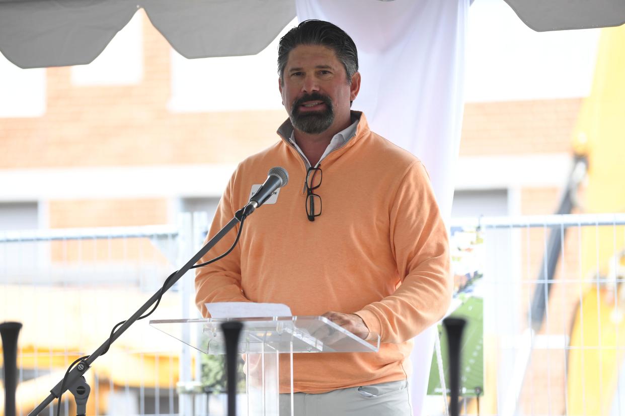 Todd Helton speaks at the groundbreaking for the Lindsey Nelson Stadium renovations last year.