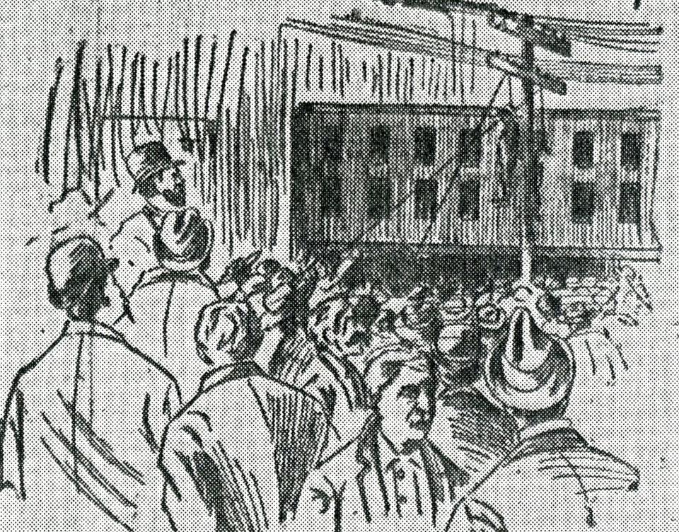 This artist's rendering of the lynching of bank robbers Foster Crawford and Elmer Lewis appeared in the Dallas News the following the incident in 1896.