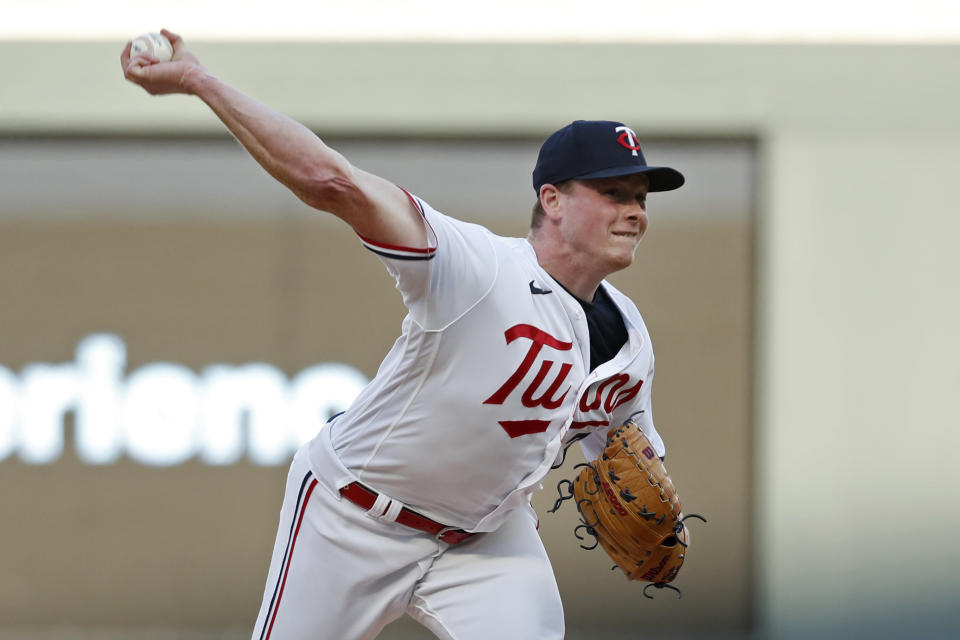 Minnesota Twins starting pitcher Louie Varland throws to a Toronto Blue Jays batter during the first inning of a baseball game Friday, May 26, 2023, in Minneapolis. (AP Photo/Bruce Kluckhohn)