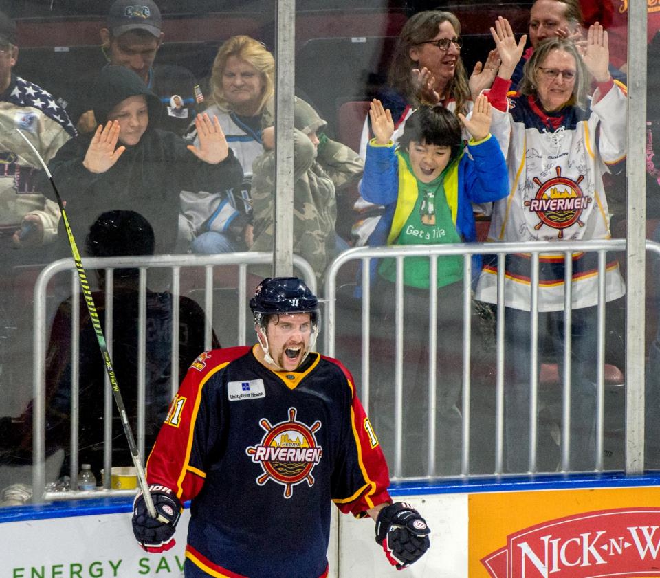 Jordan Ernst of the Rivermen celebrates his second goal of the game against Quad City in the third period Saturday, Nov. 23, 2019 at Carver Arena.