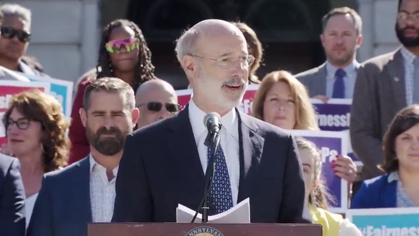 Gov. Tom Wolf and Democratic lawmakers on June 15, 2021, stood outside the state Capitol to urge passage of new LGBTQ rights in Pennsylvania.